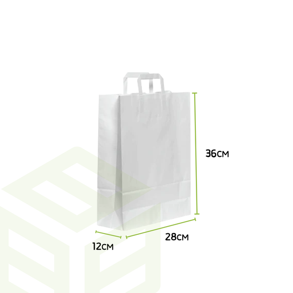 White Paper Bags With Flat Handle Base 12 Length 36 Width 28 Quantity Per Carton 200 Bags