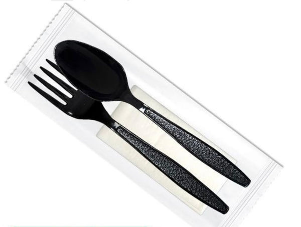 Cutlery set, fork, knife and napkin, number 500 in a carton, color: black