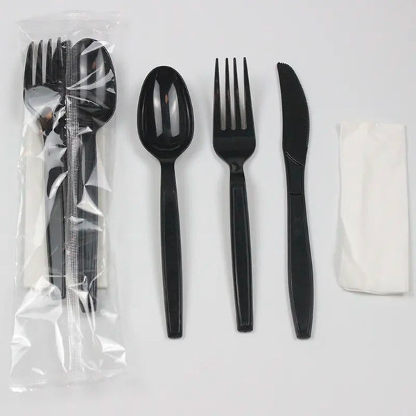 Cutlery set, fork, knife, spoon and napkin, number 500 in a carton, color: black