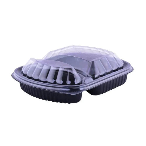 Plastic food containers with lid divided into two parts length 24 cm x width 19 cm x height 3.5 cm Quantity: 250 boxes per carton