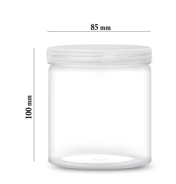 Plastic jar with lid Size: 230 ml Length 10 cm Diameter 8.5 cm Quantity: 192 per carton