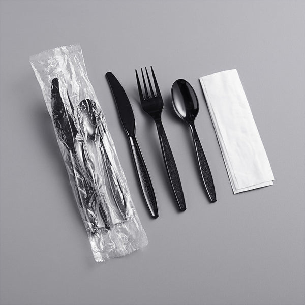 Cutlery set, fork, knife, teaspoon and napkin, number 500 in a carton, color: black