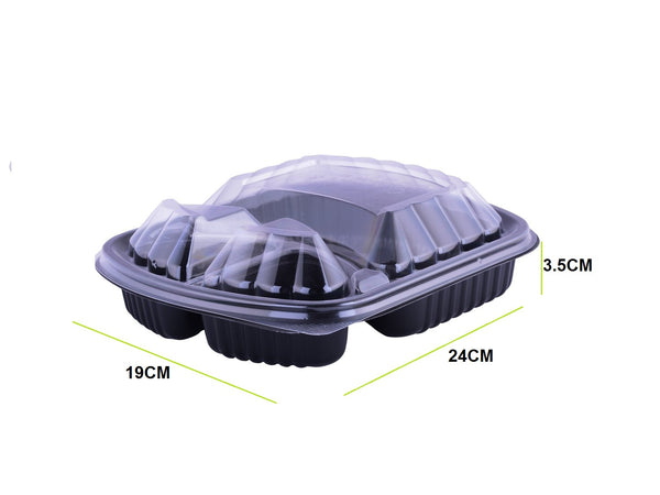 Plastic food containers with lid divided into three sections Length 24 cm Width 19 cm Height 3.5 cm Quantity: 250 boxes per carton