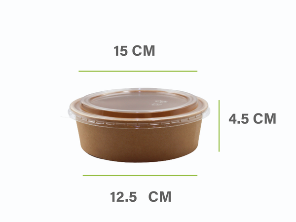 Brown paper bowl (wide) 500 ml 16 oz + transparent plastic cover 300 sets