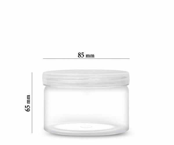 Plastic jar with lid Size: 230 ml Length 6.5 cm Diameter 8.5 cm Quantity: 216 per carton