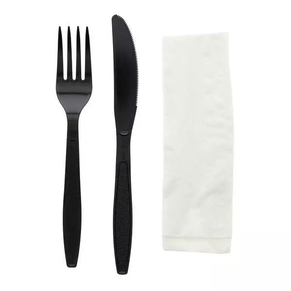 ⁨طقم ادوات مائدة شوكة وسكين  ومنديل العدد 500 في الكرتون اللون: أسود⁩